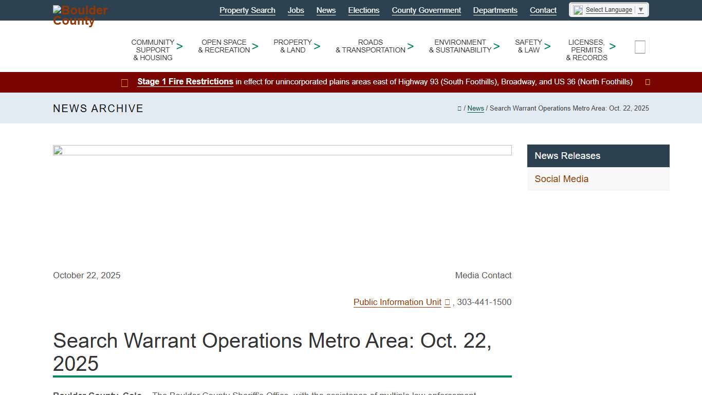 Search Warrant Operations Metro Area: Oct. 22, 2025 - Boulder County